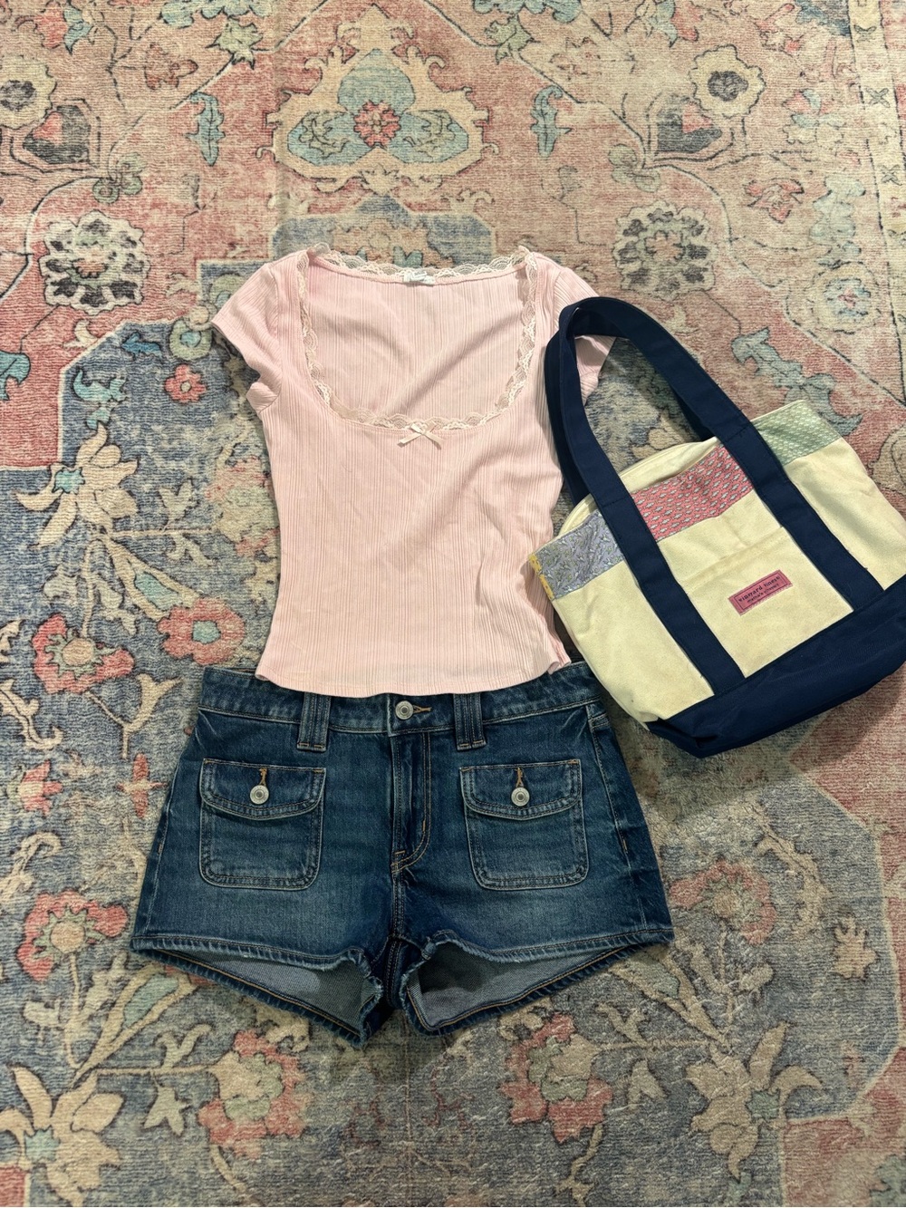 Garage Light Pink Ribbed Scoop Lace-Trim Top